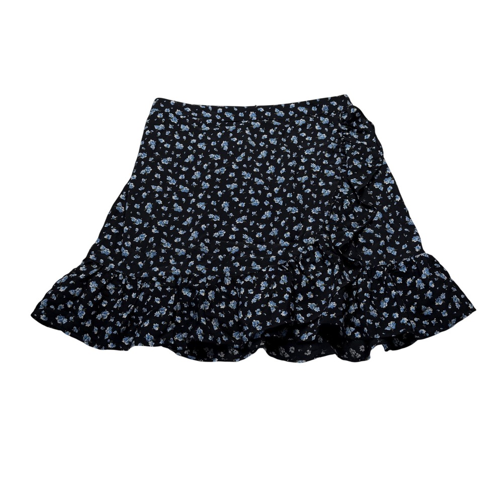 MADEWELL Mini Skirt Black‎ Blue Dainty Floral Ruffle Faux Wrap Women's Size 8